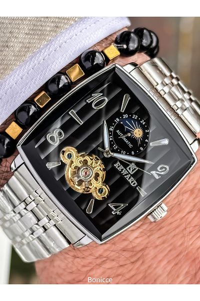 Reward Black Silver Steel Cord,Steel Case,Automatic (No Battery),5 Atm,Vip Men's Wristwatch Bracelet Gift
