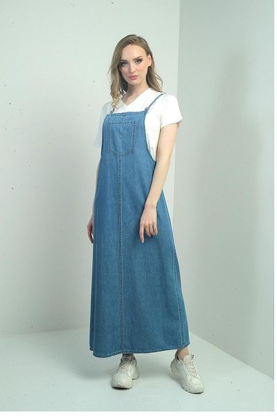 By Saygı Gilet de blugi lungi de damă cu bretele subțiri și buzunar frontal