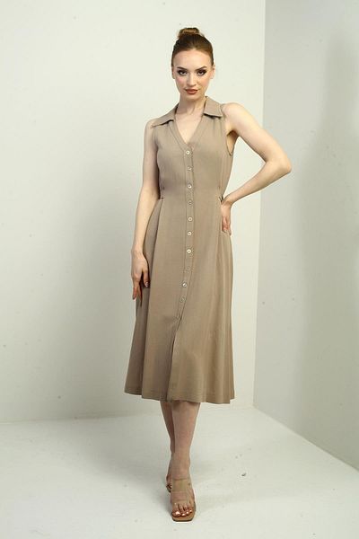 By Saygı Rochie midi de in pentru femei, cu guler polo, cu butoane în față