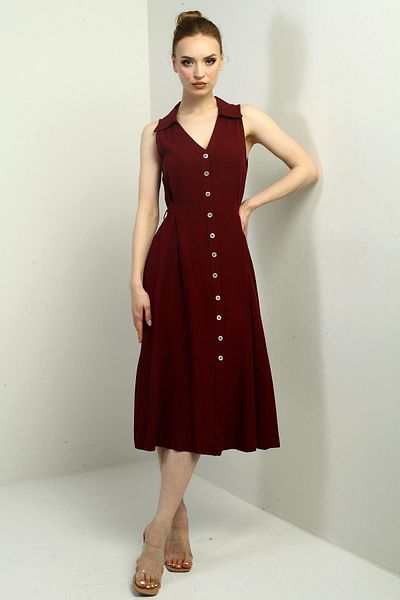 By Saygı Rochie midi de in pentru femei, cu guler polo, cu butoane în față