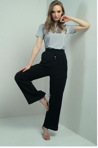 By Saygı Women's Muslin Palazzo Elastic Waist Pocket Trousers