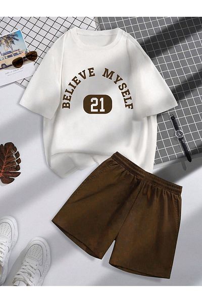 Sweetline Believe 21 εμπριμέ καφέ σορτς Λευκό μπλουζάκι κάτω από το επάνω μέρος Σετ - Σορτς T-shirt Συνδυασμός εμπριμέ Bisikl