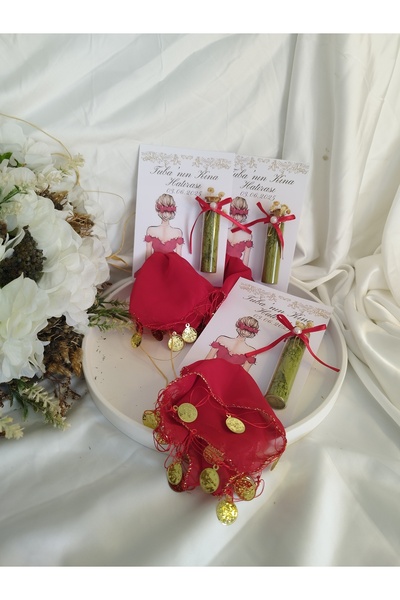 LADYBİRDTASARIM Kişiye Özel Kartlı Kırmızı Halay mendili cam tüp içinde kına ...
