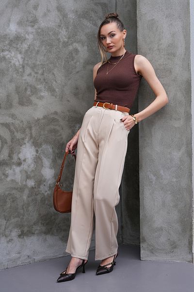 H&A İSTANBUL Women's High Waist Loose Wide Leg Belt Pleated Woven Fabric Palazzo Pants