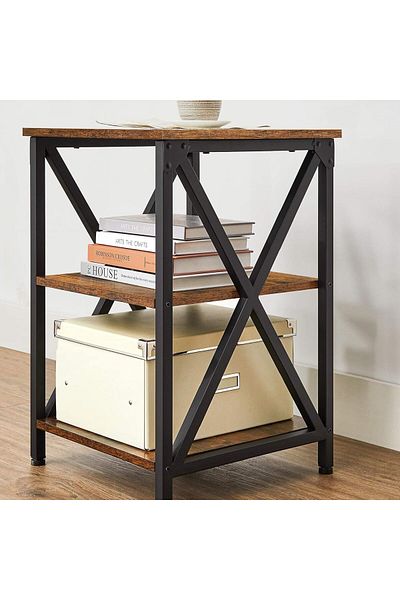1st First Sofa Side Table with 3 Open Storage Shelves in Metal Frame and X Design