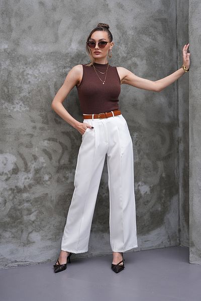 H&A İSTANBUL Women's High Waist Loose Wide Leg Belt Pleated Woven Fabric Palazzo Pants