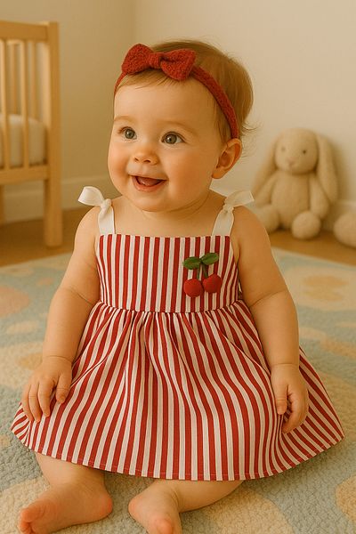 enes baby Striped Seersucker Fabric Cherry Detailed Adjustable Bow Suspender Dress