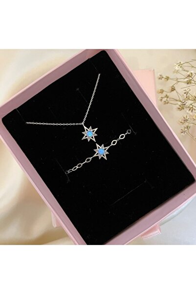 Lovera Jewellery 925 Ayar Gümüş Mavi Opal Taşlı Sirius Kadın Set (KOLYE,BİLEK...