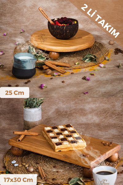 hemlife Justwood 2 Li Risus Top Ayaklı 25 Cm Ve 17x30 Cm Ahşap Dikdörtgen Pasta Sunum Servis Tabağı Seti