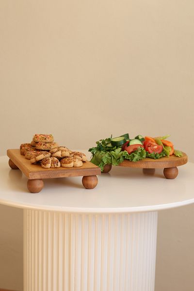 hemlife Justwood 2 Li Risus Top Footed 25 cm and 17x30 Cm Wooden Rectangular Cake Presentation Serving Plate Set