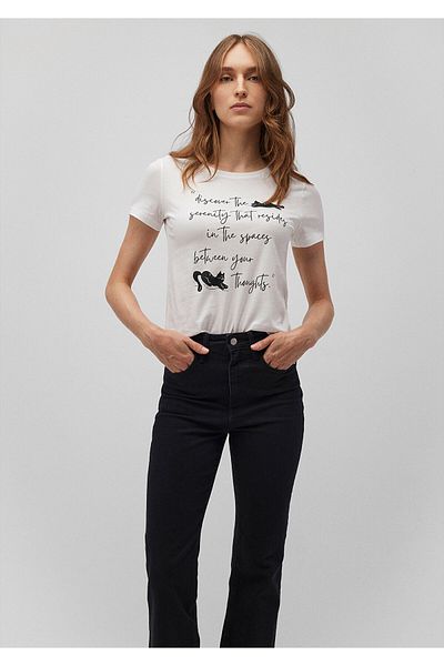 Mavi Tricou alb cu imprimeu pisică slim fit - 1612638 -70057