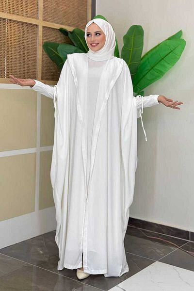 Bym Fashion Hooded Abaya and Robe Double Set 70013 Ecru