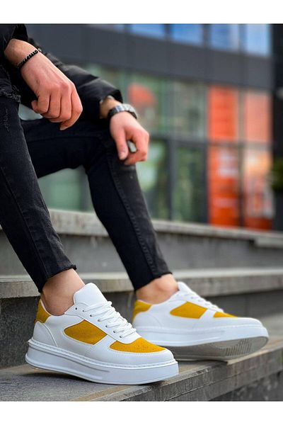 EBRUS TREND Kb-X8 White Skin Yellow Suede Detailed White High Sole Casual Sneakers