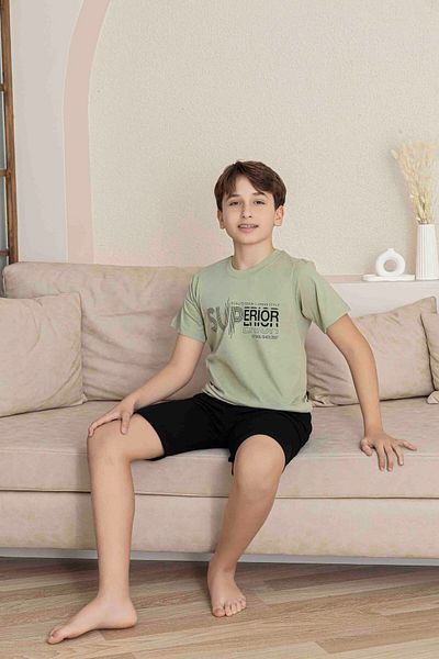 Tarık Male Young and Child Green Short Sleeve Shorts Combed Cotton Pajamas Set