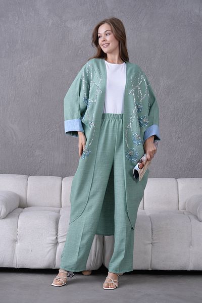 Miss Allos Women's Front Sequin Sequin Embroidered Stone and Pearl Detailed Linen Kimono and Trousers Bottom Top Set