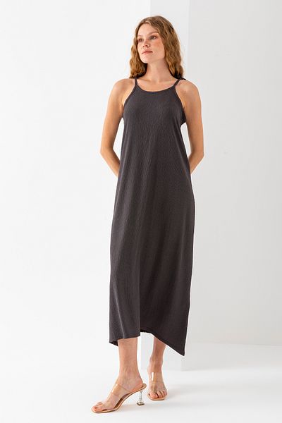 GİYSA Women's Straps Tie Detailed Long Wrap Dress Anthracite - 254403
