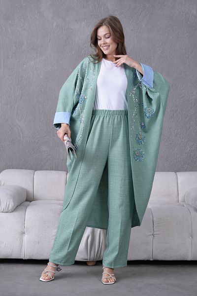 Miss Allos Women's Front Sequin Sequin Embroidered Stone and Pearl Detailed Linen Kimono and Trousers Bottom Top Set