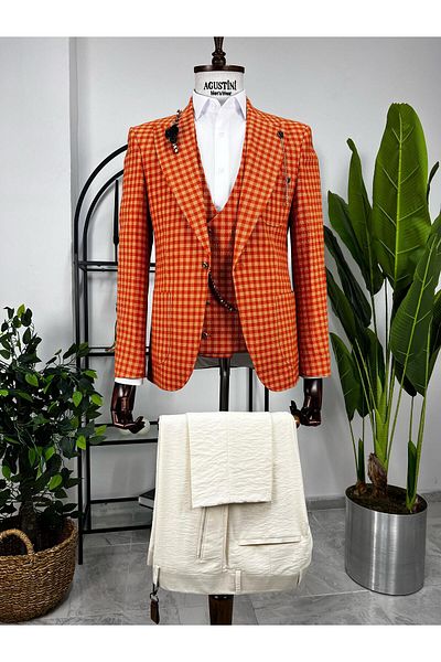 AGUSTİNİ Orange Plaid Combination 3-Piece Suit Pointed Collar Bag Pocket Slim Fit Fit |   Agustini