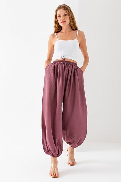 GİYSA Women's Adjustable Waist Double Pocket Shalwar Trousers Plum - 4007