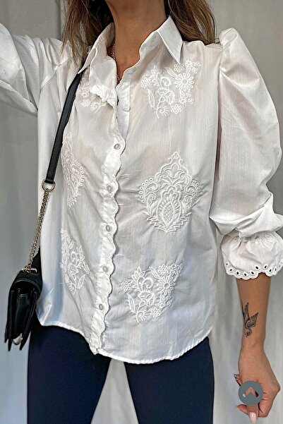 FEMELLE Women's White Scallop Detailed Vintage Princess Cotton Shirt