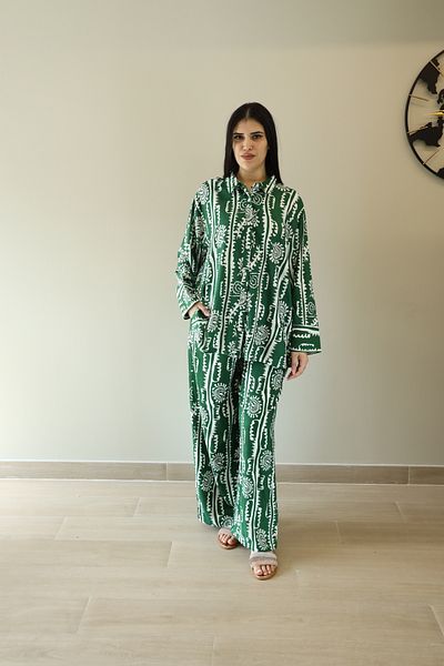 LINELLE طقم بنطلون نسائي منسق - قميص وبنطلون مطبوعان باللونين الأخضر والأبيض بأكمام طويلة