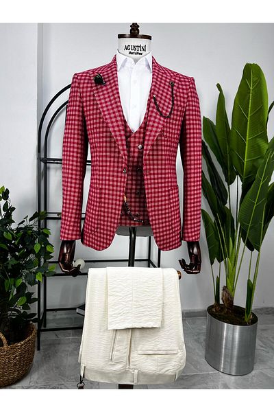 AGUSTİNİ Red Plaid Combination 3 Piece Suit Pointed Collar Bag Pocket Slim Fit Fit |   Agustini