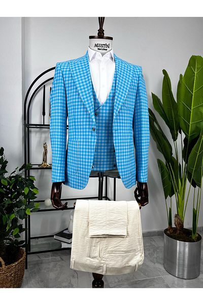 AGUSTİNİ Blue Plaid Combination 3-Piece Suit Pointed Collar Bag Pocket Slim Fit Fit |   Agustini