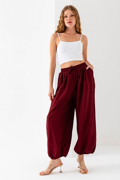 GİYSA Women's Adjustable Waist Double Pocket Shalwar Trousers Claret Red - 4007