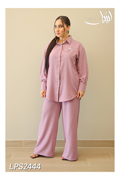 LINELLE طقم بنطلون نسائي منسق - طقم بنطلون وقميص سادة بأكمام طويلة وتصميم بسيط