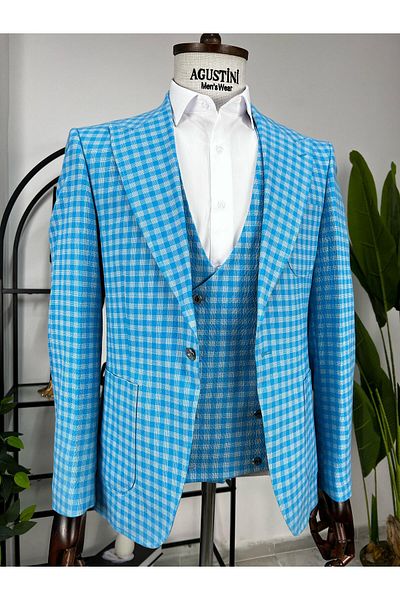 AGUSTİNİ Blue Plaid Combination 3-Piece Suit Pointed Collar Bag Pocket Slim Fit Fit |   Agustini