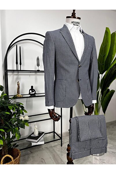 AGUSTİNİ Mavi Beyaz Desenli 2Lİ Takım Elbise Mono Yaka Torba Cep Slim Fit Kalıp | Agustini
