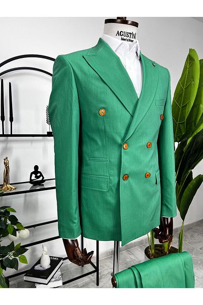 AGUSTİNİ Green Double Breasted 2Pcs Suit Pointed Collar Slim Fit Mold |   Agustini