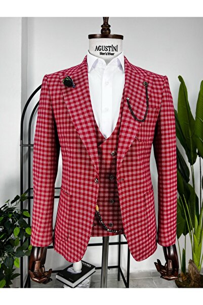 AGUSTİNİ Kırmızı Ekose Kombinli 3Lü Takım Elbise Sivri Yaka Torba Cep Slim Fit Kalıp | Agustini