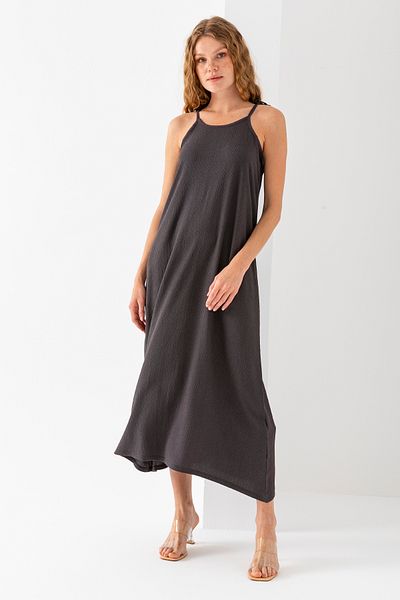 GİYSA Women's Straps Tie Detailed Long Wrap Dress Anthracite - 254403
