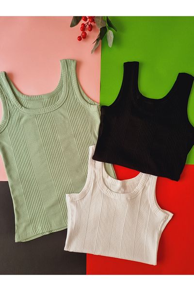 Demirsa Boutique Cotton Combed Camisole Fabric Thick Strap Oval Neck Black, Green and White Women's 3-Pack T-Shirt Undershirt