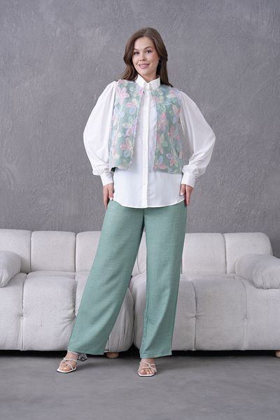 Miss Allos Women's Tulle Floral Embroidered Linen Vest and Pants Bottom Top Set