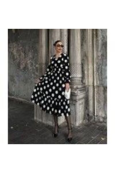JANES Long Sleeve V-Neck Elastic Waist Polka Dot Long Crepe Dress-Black - S-M