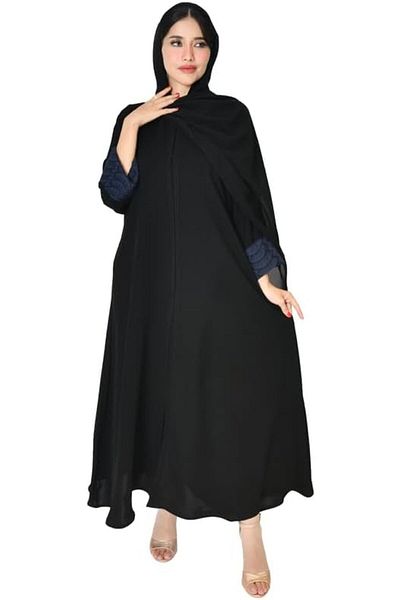 HAWRAA Black abaya with a closed quarter-circle, double inner sleeves, and lace fabric