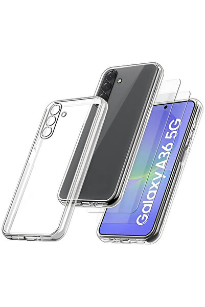 Evax (2 CAM + 1 KILIF) Samsung Garaxy A36 Uyumlu 1 Şeffaf Silikon Kılıf + 2 C...