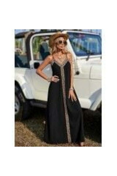 JANES V-Neck Ethnic Stripe Detailed Long Viscose Dress-Black - S-M