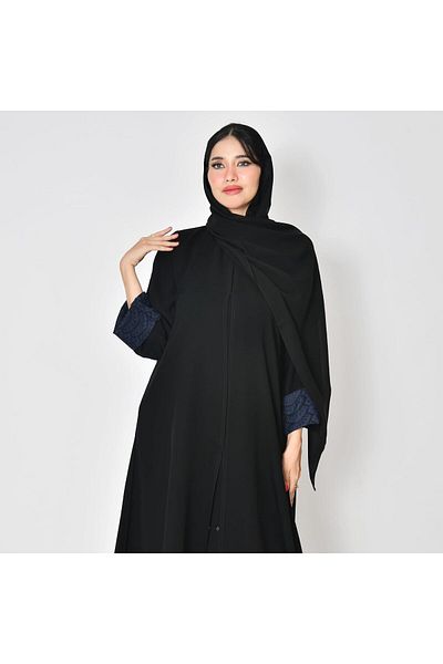HAWRAA Black abaya with a closed quarter-circle, double inner sleeves, and lace fabric