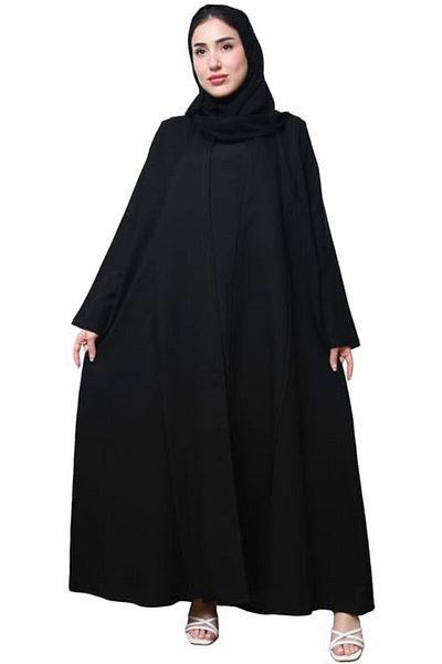 HAWRAA Black wrap abaya with dark blue and grey printed fabric