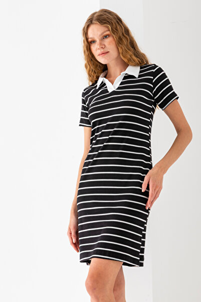 GİYSA Γυναικείο φόρεμα με κοντό μανίκι με λαιμόκοψη ασπρόμαυρο - 25538