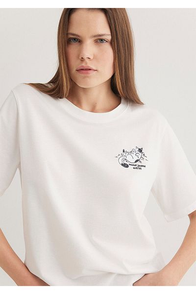 Mavi Cat Printed Ecru T-Shirt Regular Fit 1612980 -70057