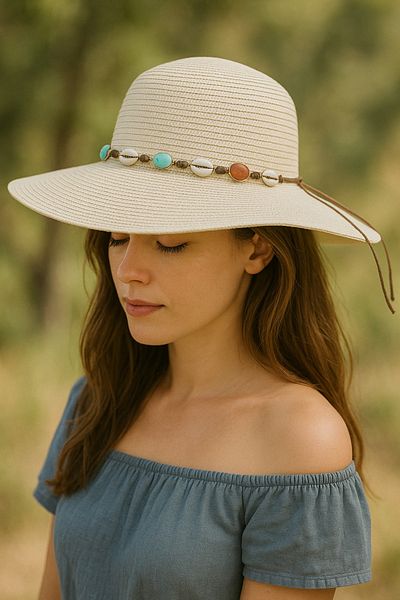 LAGRANZE Women's Straw Hat Natural Seashell Detailed Summer Wide Brim Hat