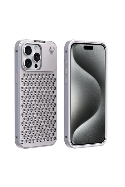 REDz Accessories Carcasă Guardian cu perforații pentru iPhone 14 Pro, difuzor de arome, rezistentă la șocuri, metalică, argintie