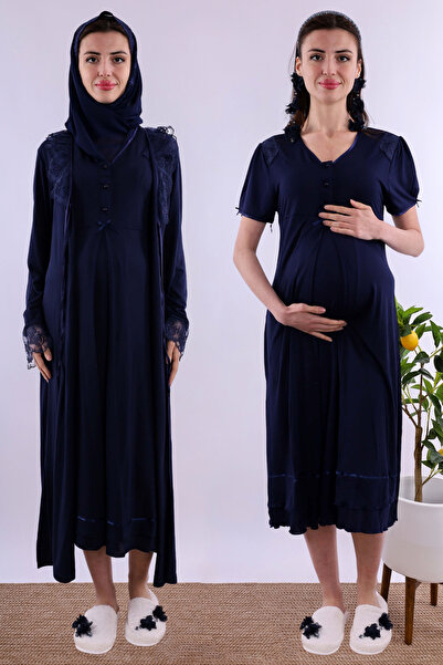 ByLohusa Tesettürlü Rahat Kesim Pamuklu Sabahlıklı Hamile Lohusa Gecelik Takı...