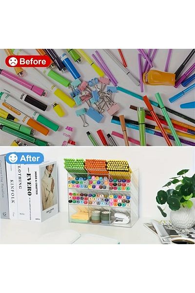 Pleksi Marketi Transparent Plexiglass 12 Compartment Pen Organizer - Marker Organizer - Plexiglass Desktop Organizer