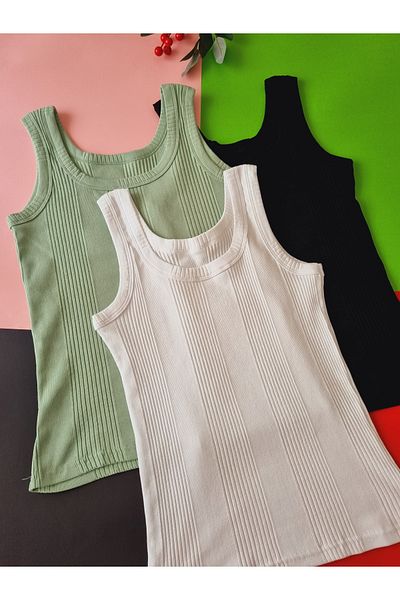 Demirsa Boutique Cotton Combed Camisole Fabric Thick Strap Oval Neck Black, Green and White Women's 3-Pack T-Shirt Undershirt