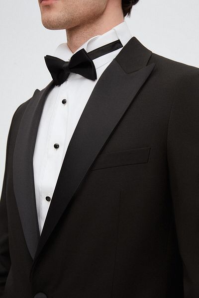 Twn Slim Fit Black Crepe Pattern Tuxedo Suit